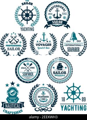 Jeu d'icônes héraldiques d'aventure nautique et nautique. Badges isolés vectoriels d'ancrage ou de barre de navire, compas de capitaine de marine ou rose vent et laur Illustration de Vecteur