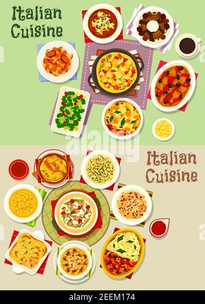 Cuisine italienne, plats de pâtes Icon Set. Spaghetti au fromage, tomates et anchois, lasagnes aux fruits de mer et aux épinards, soupe de tomates, ragoût de viande végétale, Illustration de Vecteur