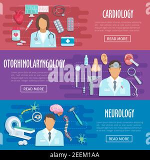 Bannières médicales des médecins hospitaliers en neurologie, cardiologie et otolaryngologie. Médicaments à plat vectoriels et outils médicaux de l'infirmière, cardiologie cardiaque pi Illustration de Vecteur