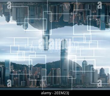 Technologie Internet des choses au-dessus du SkyScape de Hong Kong à midi, Architecture d'affaires et bâtiment avec concept touristique, technologie s. Banque D'Images