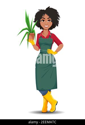 Vecteur boursier jeune femme jardinière afro-américaine. Belle dame paysanne personnage de dessin animé tenant l'usine dans le pot Illustration de Vecteur