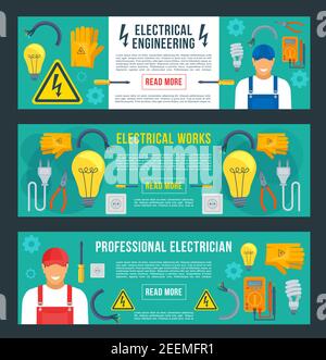 Jeu de modèles de bannières pour l'ingénierie électrique. Vecteur électricien ouvrier et outils de travail plats de fusible d'électricité, coupe-fil ou ampoule de lampe an Illustration de Vecteur