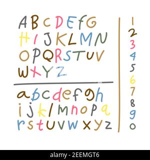 ensemble d'éléments dessinant l'alphabet de l'enfant coloré. Dessin enfant de police de l'alphabet avec des crayons de cire. Illustration vectorielle. Illustration de Vecteur