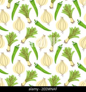 motif végétal avec composition oignons, ail, piments. Parfait pour les aliments, le papier peint, le textile. Illustration vectorielle Illustration de Vecteur