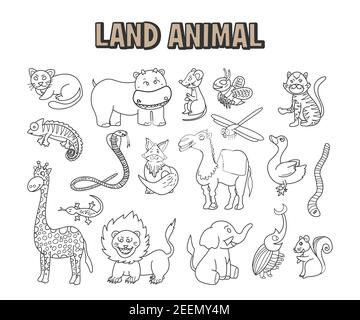 ensemble de l'élément de la ligne de caniche terre animal. Page à colorier dessinée à la main avec un joli vecteur savane animaux Illustration de Vecteur