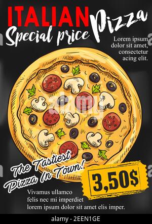 Modèle d'affiche pour tableau noir de pizza. Le menu de pizza italienne est composé d'une bannière d'esquisse sur le tableau noir avec des garnitures d'olive, de fromage, de champignons, de pepperoni et d'une étiquette de prix pour Illustration de Vecteur