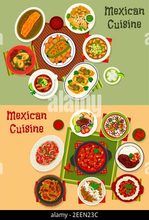 Cuisine mexicaine plats pour le dîner. Taco de bœuf avec sauce, poivre farci, légume avec viande et haricots, Chili de poulet, soupe avec chips de tortilla, grill Illustration de Vecteur
