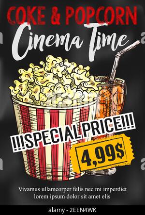 Restauration rapide au cinéma, affiche de pop-corn et coca, offre spéciale pour le bar fastfood ou le bistro du cinéma. Modèle de conception d'esquisse vectorielle de snac Illustration de Vecteur