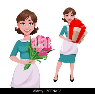 Jeune femme de ménage gaie, mère, belle femme réussie avec un bouquet de fleurs et une boîte cadeau. Femme joyeuse, femme au foyer en tablier, ensemble Illustration de Vecteur