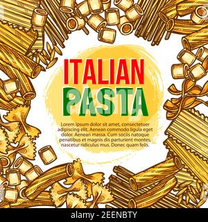 Modèle d'affiche de croquis de pâtes italiennes pour le restaurant de cuisine italienne. Spaghetti vectoriels, fettuccine ou farfalle et tagliatelle, raviol de blé dur fait à la main Illustration de Vecteur