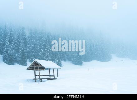 Abri solitaire en bois sur fond de montagnes et de forêt en cas de fortes chutes de neige et de brouillard Banque D'Images