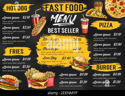 Modèle de menu de restauration rapide pour le restaurant ou le café fastfood. Liste de prix vectorielle pour hot dog et frites, pizza ou cheeseburger et hamburger san Illustration de Vecteur