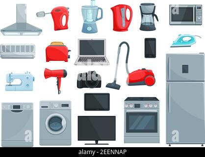 Jeu d'icônes de l'appareil domestique. Réfrigérateur, micro-ondes, four et aspirateur, fer à repasser, cuisinière et grille-pain, machine à laver et à café, mixeur et bouilloire, c Illustration de Vecteur