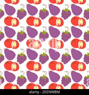 motif de fond avec des éléments de fruits de tomate, aubergine, raisin. Joli motif vectoriel sans couture avec des gribouillages colorés de fruits, de baies et de légumes Illustration de Vecteur