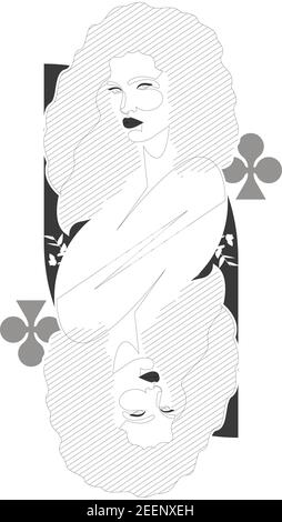 Queen of clubs illustration d'une ligne. Design minimaliste magnifique femme inspirée des cartes à jouer Illustration de Vecteur