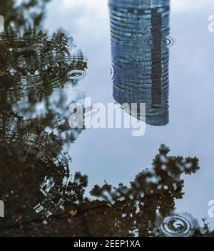 Sommet du gratte-ciel et de la cime d'arbre se reflétant dans le bas de la flaque à jour de pluie Banque D'Images