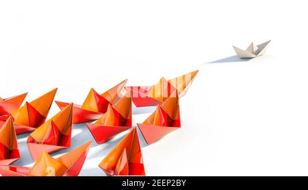 les bateaux à papier orange suivent un bateau blanc. rendu 3d. concept de ligne de repère Banque D'Images