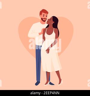 Femme enceinte couple mignon personnes, différentes race heureux personnages mariés attendant l'enfant Illustration de Vecteur