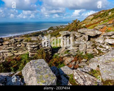 Mur de pierre de Drystone dans le paysage de montagne à Dinas oleu près de Barmouth dans le nord-ouest du pays de Galles du Royaume-Uni près de la populaire promenade Panorama. Banque D'Images