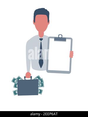 Homme d'affaires ou commis tenant un papier vierge et une valise avec de l'argent. Personnage masculin de style simple avec objets, illustration vectorielle plate. Isolé Illustration de Vecteur