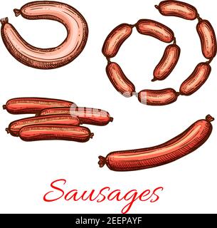 Icônes de saucisses et de pains. Vector sketch ensemble de saucisses de viande pour boucherie épicerie fine de chorizo de porc, lyon ou Chipolata avec kielbasa o Illustration de Vecteur