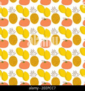 motif de fruits avec coloration, citrons, ananas, orange. Dessin animé fruits frais dans un style plat. Fraise, banane, pomme, ananas, cerise, citron. Couture Illustration de Vecteur