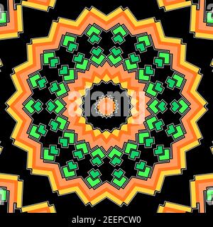 motif d'image d'arrière-plan mandala de couleur orange vert jaune et blanc isolé sur fond noir ou foncé. Banque D'Images