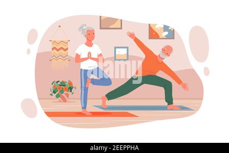 Les personnes âgées de couple font des exercices de yoga, s'étirant sur l'entraînement de fitness de sport à la maison Illustration de Vecteur