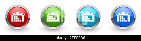 Entrepôt, stockage argent métallique icônes brillantes, ensemble de boutons de conception moderne pour le Web, Internet et les applications mobiles dans quatre couleurs options isoler Banque D'Images
