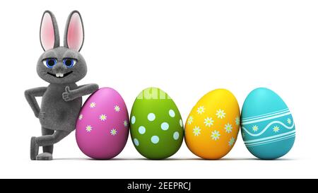 Mignon lapin de pâques tenant un oeuf coloré décoré avec des ornements, isolé sur fond blanc rendu 3D Banque D'Images