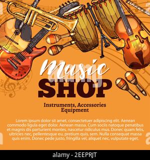 Affiche d'esquisse de la boutique de musique sur les instruments de musique et les accessoires. Guitare rock vectoriel ou folk banjo ukulele et orchestre violon violon violon violon violon violon violon et contrebasse o Illustration de Vecteur