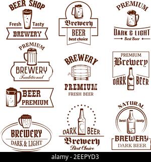 Café en plein air, bar brasserie ou pub, icônes de verre, bouteille ou fût et pinte mug. Jeu d'étiquettes à isolation vectorielle pour bière claire ou foncée, bière pression, Premium Illustration de Vecteur