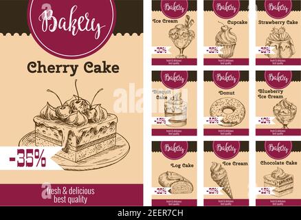 Carte de prix pour les desserts et les gâteaux avec réduction pour la boulangerie ou la cafétéria et le café. Vector sketch glace, gâteau aux fruits et aux baies, biscuit au chocolat Illustration de Vecteur