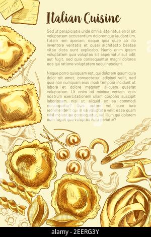 Affiche sur les pâtes pour la cuisine italienne modèle vectoriel pour le restaurant de macaroni au fettucine durum, spaghetti ou ravioli et lasagnes. Taglia fait main Illustration de Vecteur