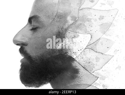 Un homme audacieux barbu avec des yeux fermés profil fleur de portrait la peinture pétale Banque D'Images