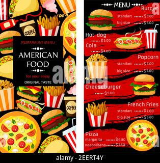 Modèle de menu à prix rapide pour hamburgers, pizza ou sandwichs et dessert à pop-corn. Repas de nourriture rapide Vector de cheeseburger, hamburger ou hot dog et fr Illustration de Vecteur