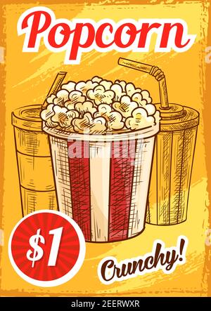 Affiche de prix du pop-corn pour le bar cinéma ou le bistro. Motif vectoriel de panier de pop-corn croquant au caramel avec café ou boisson gazeuse fraîche et dri Illustration de Vecteur