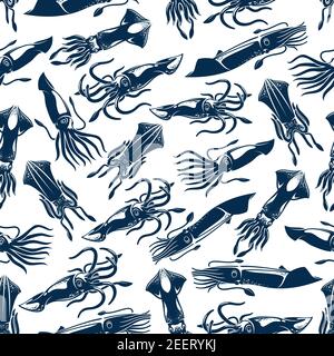 Pêche aux fruits de mer patron sans couture de calmar ou de seiche de l'océan ou d'espèces de céphalopodes calamars. Design vectoriel pour panneau de restaurant de fruits de mer, club de pêche Illustration de Vecteur