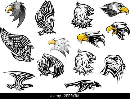 Icônes vectorielles aigle ou faucon pour mascotte ou tatouage. Ensemble de symboles héraldiques isolés avec contour de l'aigle griffon ou de la tête de faucon avec bec ouvert pour l'équipe sportive b Illustration de Vecteur