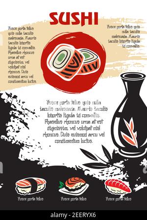 Affiche du restaurant japonais contenant des petits pains à sushis, des baguettes et de la sauce soja en bouteille. Motif vectoriel de soupe de nouilles et de wok de fruits de mer ou crevettes tempura ou fis Illustration de Vecteur