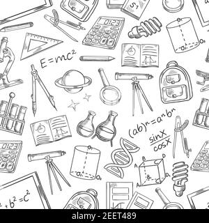 Les fournitures scolaires et éducatives esquissés un motif sans couture. Symboles vectoriels des livres scolaires et des blocs-notes, du télescope d'astronomie et du format d'équation mathématique Illustration de Vecteur