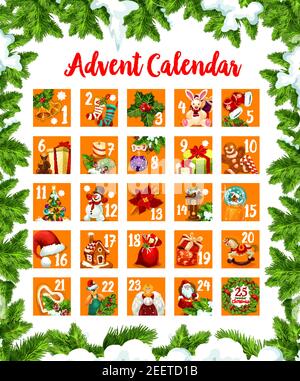Calendrier du mois de l'Avent de Noël des jours de décembre jusqu'à la veille de 25. Motif vectoriel de symboles et de décorations de la saison de Noël, cadeau du Père Noël du nouvel an, Illustration de Vecteur