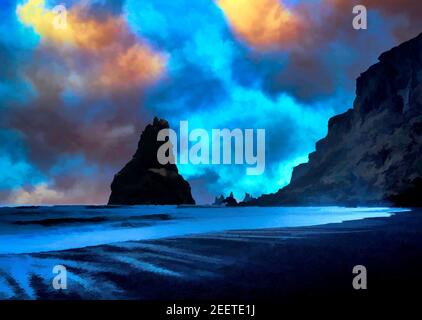 Peinture d'une crique de mer avec un paysage de nuages colorés avec lune et falaises pittoresques. Banque D'Images