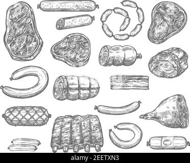 Les produits de viande et les saucisses sont des icônes de dessin. Ensemble vectoriel isolé de pepperoni, cervelat ou saucisse de salami, filet de porc ou poitrine de porc et stea de bœuf Illustration de Vecteur