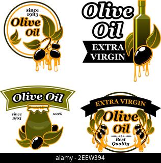 Ensemble d'étiquettes d'huile d'olive avec fruits d'olive noirs. Olives mûres avec feuille verte et goutte d'huile, verseuse en céramique d'huile vierge extra badge vectoriel isolé pour bot Illustration de Vecteur