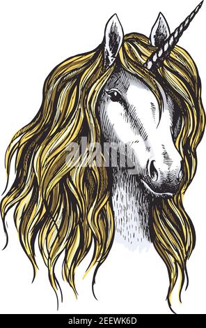 Icône d'esquisse UNICORN Horse Vector. Cheval de fée magique ou mystique avec corne et agitant la manie. Symbole de l'étalon de licorne isolé fantastique pour le sport équin o Illustration de Vecteur