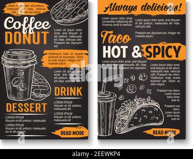 Affiche de croquis du menu des tacos à restauration rapide, du gâteau au beignet et du café ou des boissons gazeuses. Vector fastfood, tacos mexicains et dessert pour le cinéma Illustration de Vecteur