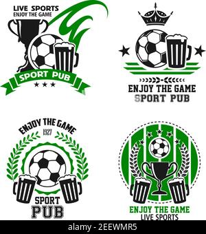 Icônes de pub sportif de football pour le championnat de football en direct ou modèle de tournoi. Ensemble vectoriel de ballon de football, de tasses à bière ou de verres et coupe du gagnant à laur Illustration de Vecteur