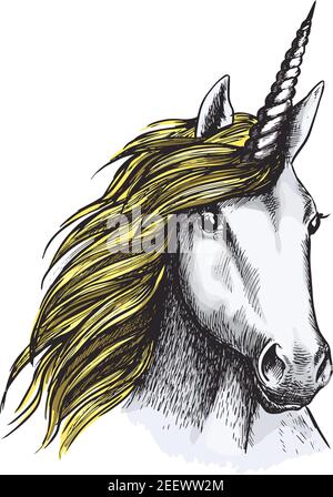 Motif de tête de cheval UNICORN ou de museau. Vecteur isolé icône de magie ou mystique cheval de conte de fées avec corne et agitant la manie pour le sport équin ou equ Illustration de Vecteur