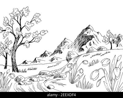 Spring Graphic noir blanc paysage arbre esquisse illustration vecteur Illustration de Vecteur